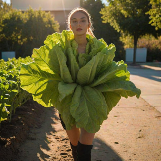 a vibrant green lettuce wraps tightly around the stem of a tall, juicy tomato plant. The sun shines down on the scene, casting long shadows across the ground. in genderless fashion, Androgynous, neutral, modern, unisex, aidmasoftglow