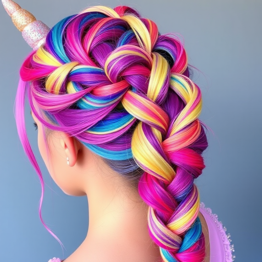 Whimsical rainbow unicorn braid, called "Prism Princess," intertwines multiple vibrant hues in a stunning, intricate plait that sparkles with glitter