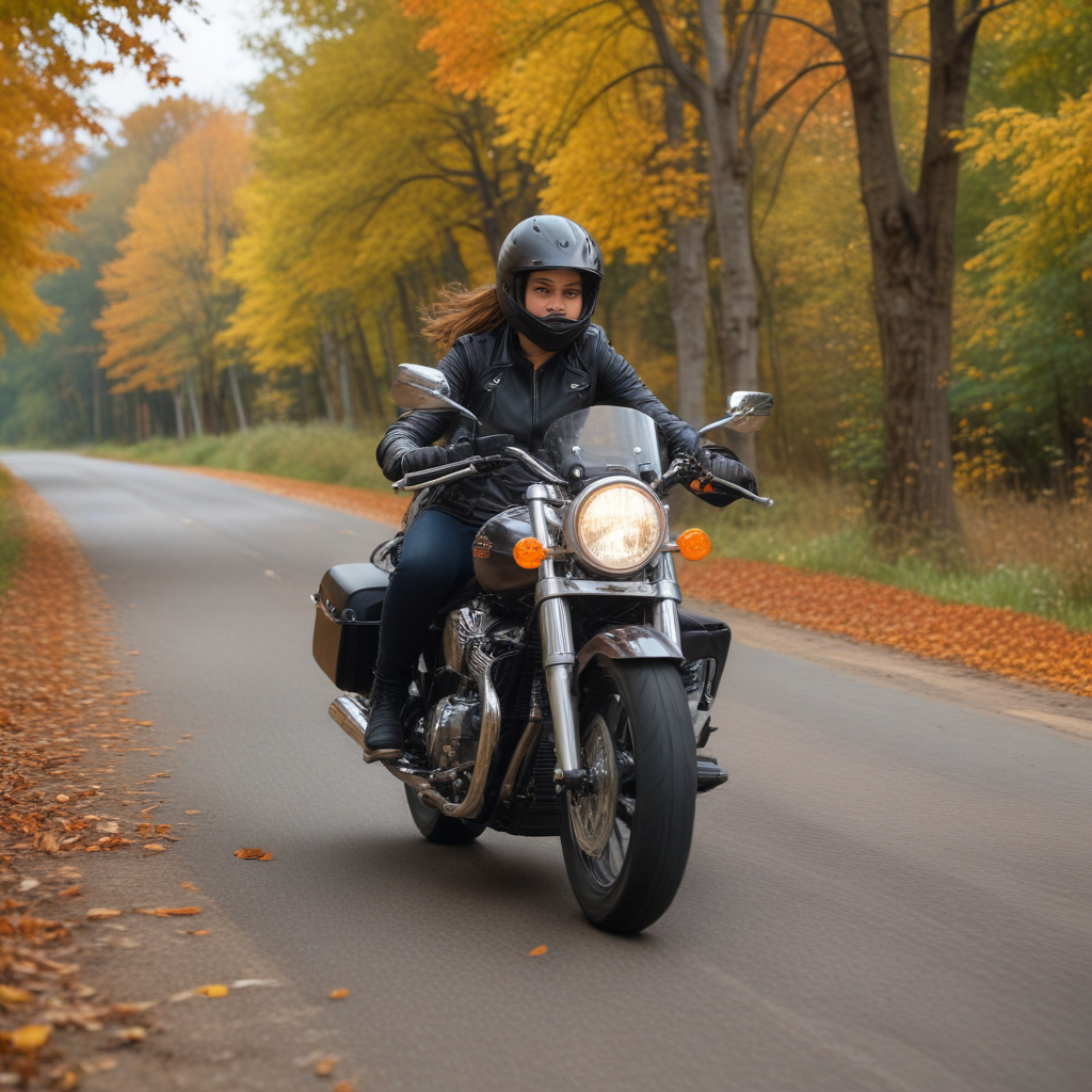 Cruiser type motorcycle with a female rider, riding down a country road ...