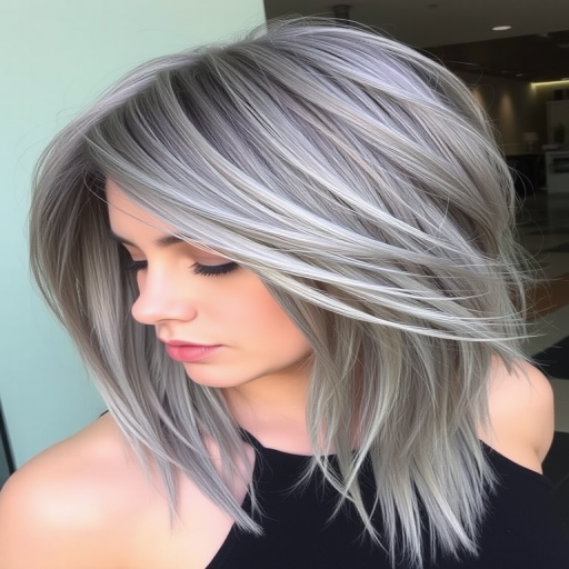 Ash gray hair cut into a sharp, asymmetrical undercut with long, sweeping top layers comprises the edgy "Storm Cloud Chic" style, featuring subtle silver and charcoal highlights that add dimension and movement to the cool-tone