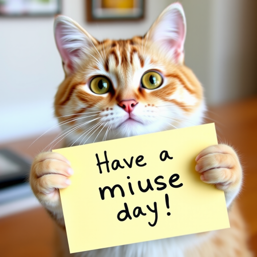 cat holding a note which says "Have a mice day!"