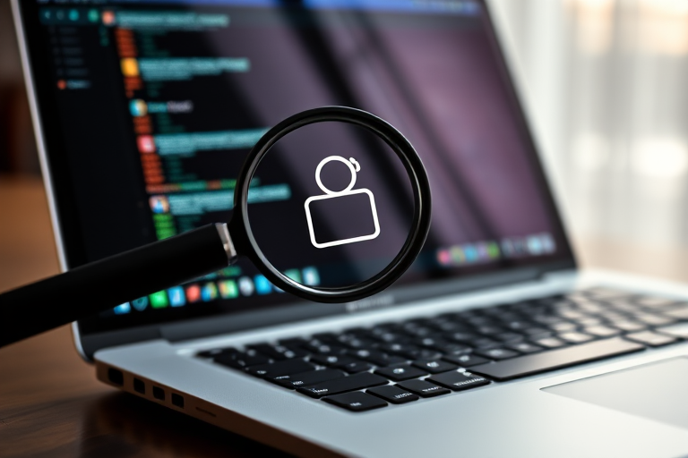 Create an image of a laptop with a magnifying glass focusing on an information icon, shot with a DSLR camera at f/4.0 aperture, ISO 100, 35mm lens, in high dynamic range style, front view with soft lighting.