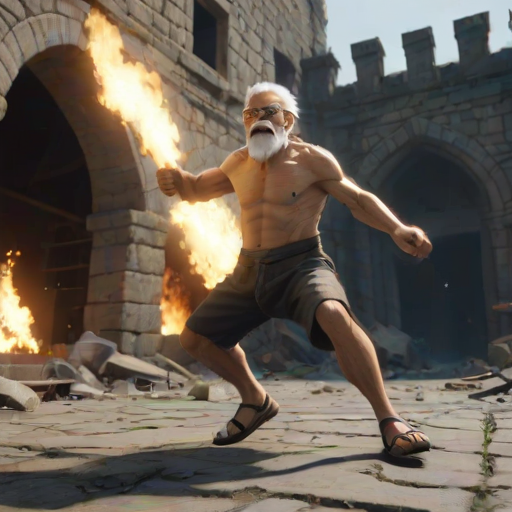 Cartoon 3D High-Resolution,dynamic battle scene using Unreal Engine 5 and Octane Render. The scene features back of an elderly, thai man with a beard,messy hair and round golden-rimmed glasses. He is wearing a tattered tank top with soot marks, shorts, and sandals. sweating. he wields a baseball bat. He jump to fight with a white fire-breathing Europe dragon amidst a partially destroyed stone castle. Include intense flames, smoke, and debris to enhance the dramatic effect.