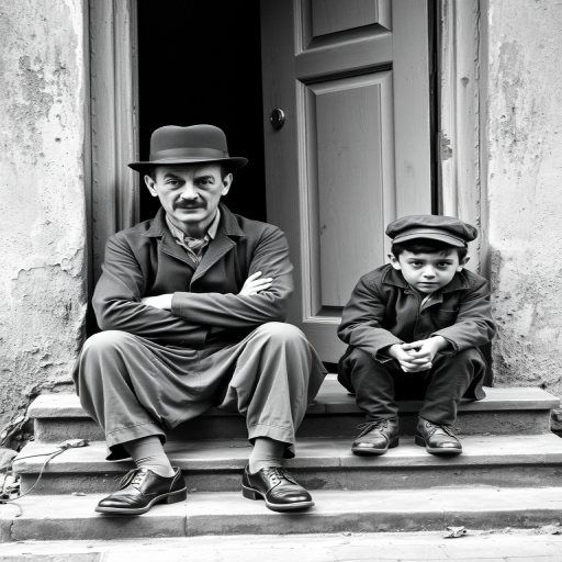 A black-and-white photograph of a man and a child sitting on steps in front of a doorway. The man is dressed as a tramp with a bowler hat, mustache, and ragged clothes, reminiscent of Charlie Chaplin's iconic look. He is sitting with his arms crossed and an expression of slight sadness or frustration. Next to him is a young boy, also in worn clothes and a cap, sitting with his hands clasped, looking thoughtful. The background is an old, textured wall and a partially open door, creating a vintage, early 20th-century atmosphere.