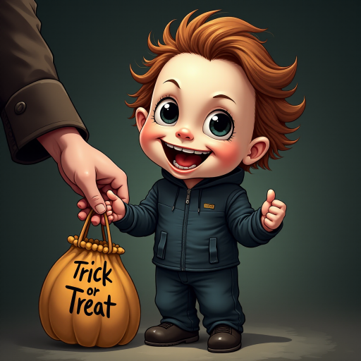 A whimsical caricature of a child version of Michael Myers, grinning mischievously. He is held by the hand of an unrecognizable person (only their hand visible), while holding a bag labeled 'Trick or Treat.' His facial expression is playful yet slightly menacing, reflecting his iconic figure. The scene is in portrait format with a Halloween theme, featuring exaggerated cartoon details like big eyes, a small body, and a creepy yet light-hearted tone.