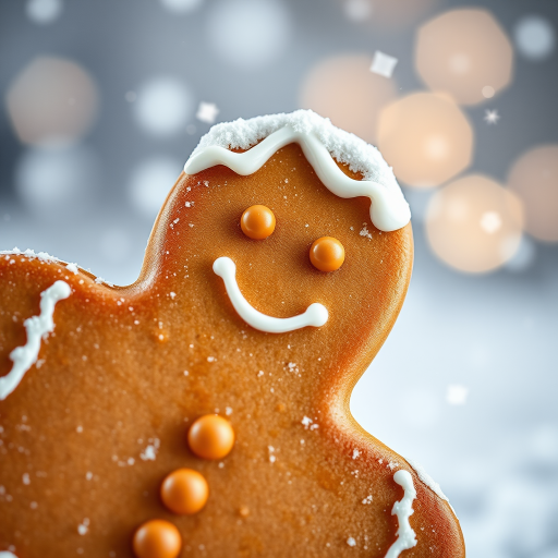 Create a close-up of a gingerbread man with a smiling face and decorative frosting, set against a snowy background with falling snowflakes, using a DSLR camera at f/2.8, ISO 100, 50mm lens, and soft diffused lighting for enhanced image quality.