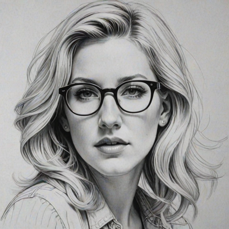 Captivating Ellie Goulding, pencil sketch, portrait of Magnificent woman 1946s in glasses, hair style beatnik, outline, clear lines, fine lines, 8k
