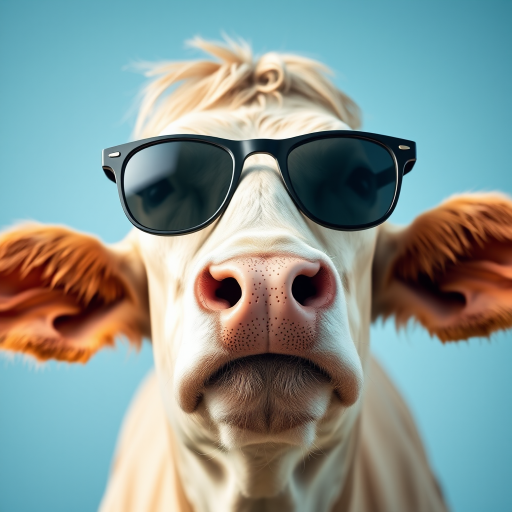 A close-up shot of a cow wearing stylish sunglasses, with a soft blue background, captured using a DSLR camera with a 50mm lens, aperture f/1.8, ISO 100, and a shallow depth of field for a professional look.