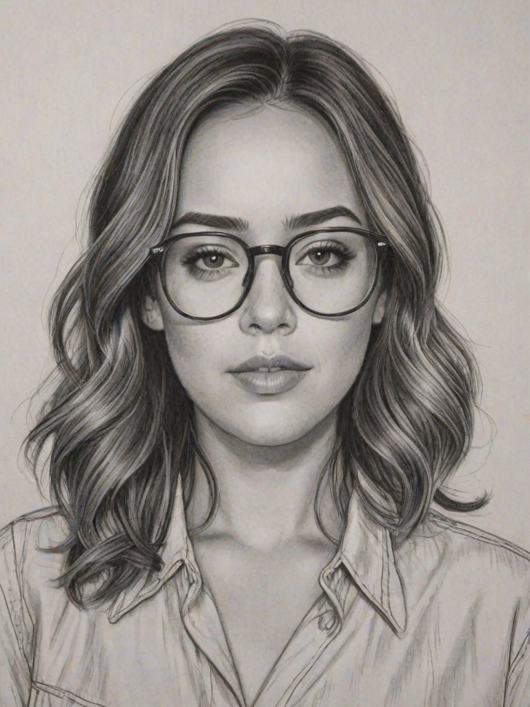 Fetching Chloe Bennet, pencil sketch, portrait of Fetching woman 1948s in glasses, hair style beatnik, outline, clear lines, fine lines, 8k