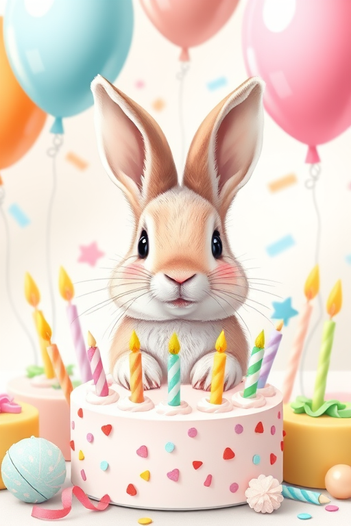 Create a high-quality illustration of a cute rabbit surrounded by colorful birthday elements like cake, balloons, and candles, using a soft pastel color palette; shot with a Canon EOS R, 50mm lens, f/2.8 aperture, ISO 100, in a bright and cheerful studio setting.