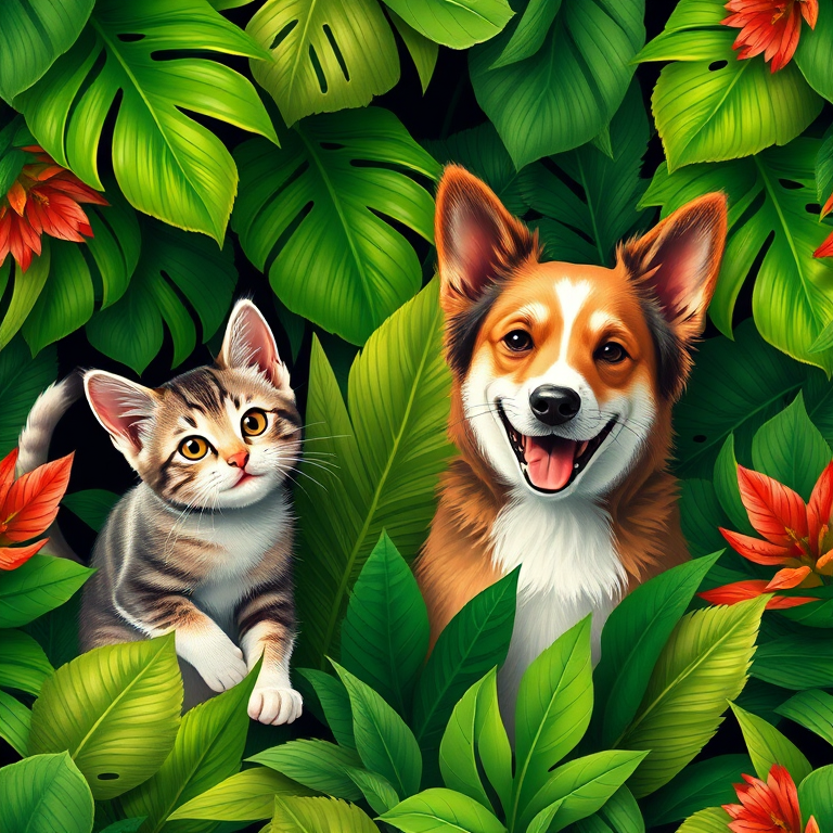 Create a seamless pattern of a playful cat and a friendly dog surrounded by lush green tropical leaves, using a high-resolution digital illustration style, shot with a DSLR camera at f/8 aperture, 50mm lens, natural light to enhance detail and vibrancy.