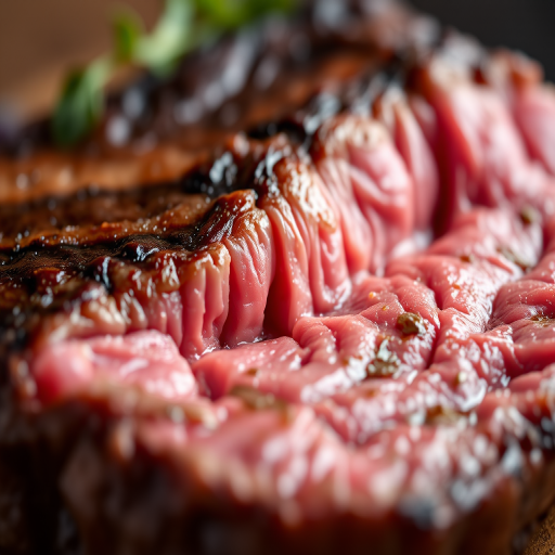 high-quality close-up of medium-rare steak with a golden-brown crust and juicy pink interior, captured with a Canon EOS 5D Mark IV, 50mm f/1.8 lens, ISO 100, aperture f/2.8, natural light, shallow depth of field.