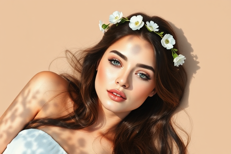 create a watercolor painting of an ethereal portrait of beautiful Chaldean woman with a simple white flower crown on her head. Her hair is long and she is lying on the ground. The sunlight on the trees casts shadows from the leaves on her face and body. The background is a neutral brown color that matches her skin tone. The image is minimalist and solid colors. This style is characterized by soft, delicate brushstrokes and a light, airy, contrasting color palette. High level of detail and play of light