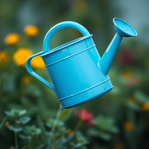 Create a high-resolution illustration of a blue watering can with a detailed spout, using a DSLR camera with a 50mm lens, aperture set to f/2.8 for blurred background effects, shot from a slightly elevated angle to capture depth, and soft lighting to enhance colors.