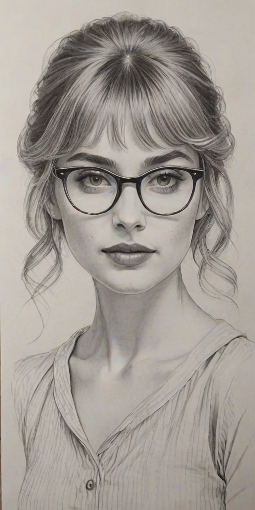 Magnificent Imogen Poots, pencil sketch, portrait of Fetching woman 1955s in glasses, hair style beatnik, outline, clear lines, fine lines, 8k