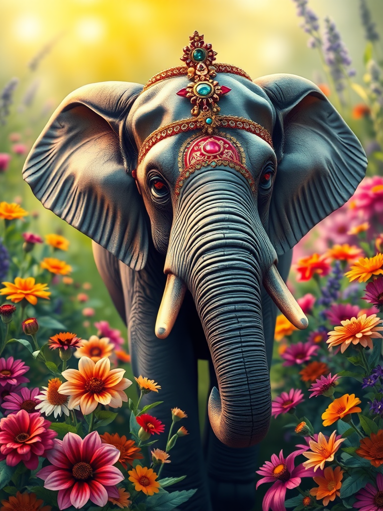 create a vibrant illustration of a majestic elephant adorned with ornate jewelry surrounded by a lush garden of colorful flowers in high resolution, shot with a Canon EOS R5 at f/1.8, 50mm lens, soft focus background for enhanced depth, vibrant color saturation, natural lighting, and high dynamic range