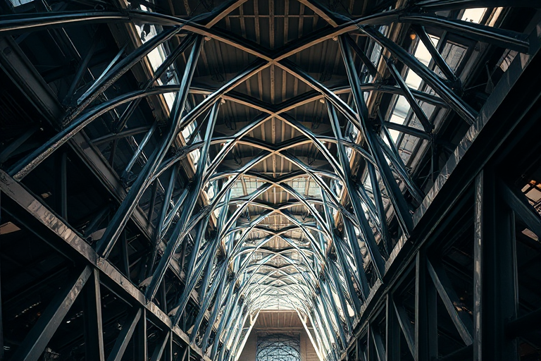 Create an abstract architectural photograph of interwoven metallic structures with high contrast lighting, shot with a Canon EOS R5 at f/8, ISO 100, shutter speed 1/200 sec, using a wide-angle lens from a low angle to emphasize depth and texture.