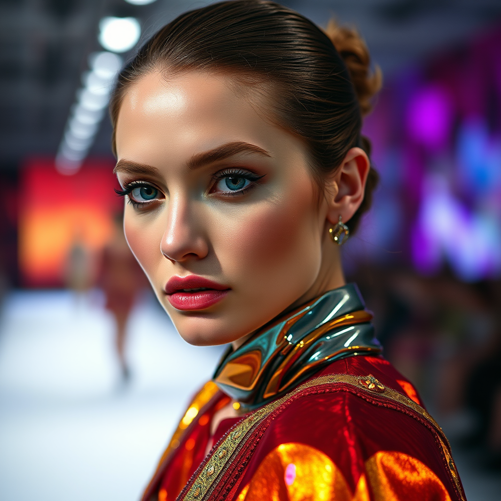 Runway capture, a beautiful model, vibrant colors, metallic textures, high fashion editorial , a 100mm macro lens to get extreme close-ups of intricate details like fabric stitching, accessories, or makeup artistry