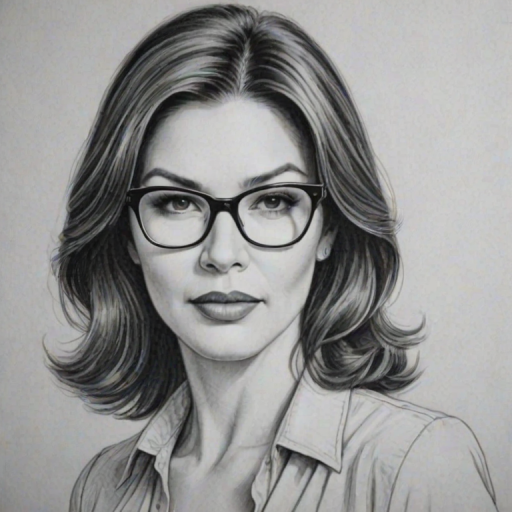 Splendid Laura Harring, pencil sketch, portrait of Magnificent woman 1972s in glasses, hair style beatnik, outline, clear lines, fine lines, 8k