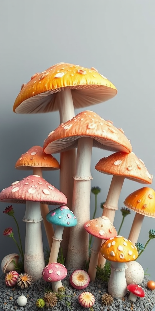 Create a vibrant illustration of various whimsical mushrooms in pastel colors with intricate details, set against a soft gray background, using a Canon EOS R5 camera, 50mm lens, f/2.8 aperture, ISO 100, with a slight shallow depth of field to enhance the colors and textures.