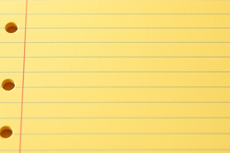Create an image of a slightly tilted yellow lined notebook paper with perforation holes, shot with a Canon EOS 5D Mark IV at f/4, ISO 100, 50mm lens, using natural daylight for a clean and vibrant appearance.