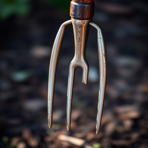 Create a high-resolution image of a traditional garden fork with a wooden handle and three metallic prongs, using a DSLR camera at f/2.8 aperture, ISO 100, 50mm lens, with a shallow depth of field and natural lighting to enhance detail and texture.
