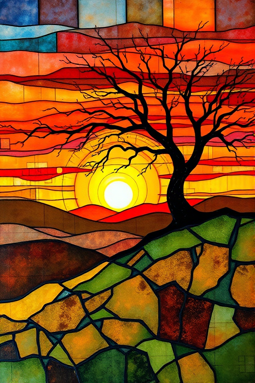 A vibrant abstract painting on Tiffany Glass, blending acrylic and alcohol ink techniques, captures a dramatic sunset over rolling hills. The artwork features a textured, rocky foreground in green and brown, layered abstract hills, and a striking sunset in rich oranges, yellows, and reds. A solitary black tree with intricate branches contrasts against the fiery sky, creating a dynamic and expressive portrayal of a breathtaking natural scene.