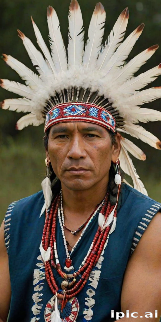 Create a dignified portrait of a Native American man dressed in traditional attire. He wears a beautifully crafted headdress adorned with white feathers and red beads, along with a beaded headband featuring intricate patterns. His clothing includes a deep blue, patterned shirt and a traditional chest piece with detailed beadwork. His arms are crossed, displaying leather armbands decorated with feathers. The background is simple and neutral, emphasizing his proud and stoic expression. The overall image captures the rich cultural heritage and strength of his persona.
