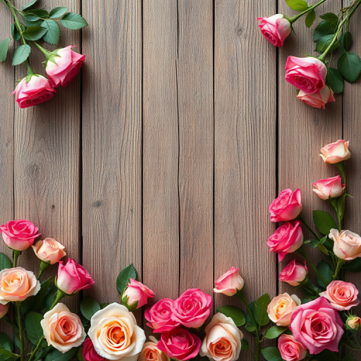Create an image of a rustic wooden background with a floral border featuring various roses, using a DSLR camera at f/4 aperture, ISO 100, 50mm lens, shot from a top-down view, in natural lighting to enhance colors and details.