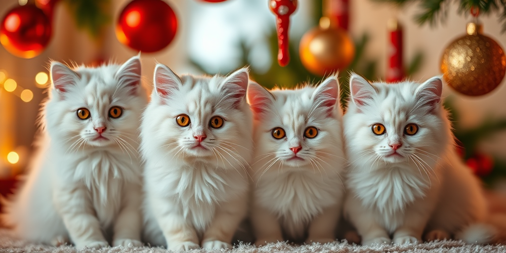 Regenerate an image of four fluffy white cats with bright orange eyes against a warm festive background with hanging red and gold Christmas ornaments, shot with a DSLR camera at f/2.8 aperture, 50mm lens, using a soft focus style for a dreamy effect.