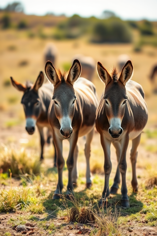 donkeys grazing in a natural setting, shallow depth of field, soft focus, f/2.8 aperture, ISO 100, 50mm lens, DSLR camera, natural daylight conditions