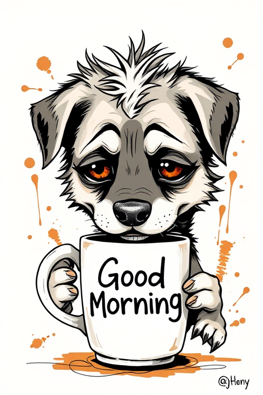 A quirky, artistic illustration of a disheveled akita pit dog breed with exaggerated, large eyes and spiky fur, holding a coffee mug that reads "Good Morning". The dog has a tired but humorous expression, with ink splatters and abstract details surrounding it, giving a whimsical feel to the image. The color palette is mostly monochrome with hints of brown in the eyes and steam rising from the mug, enhancing the overall sleepy vibe