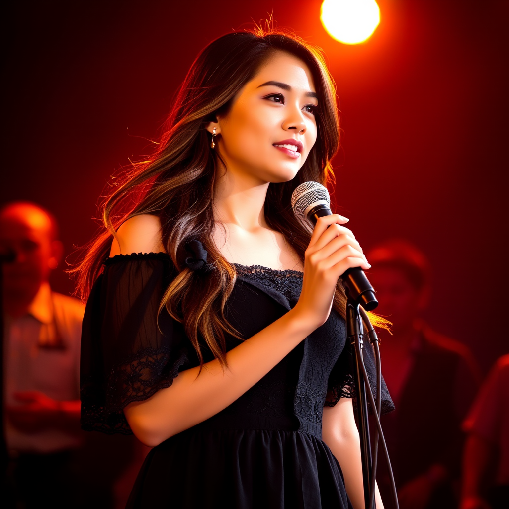 A young filipina woman with long, flowing brown hair is standing in the center of the frame, holding a microphone in her right hand, and looking slightly off to the right side of the frame. She is wearing a black, off-the-shoulder dress with delicate lace detailing. The lighting is warm and dramatic, creating a spotlight effect on the singer. There are other figures in the background, blurred and out of focus, suggesting a concert or performance setting. The camera angle is low, capturing the woman from the waist up. The overall atmosphere is intimate and captivating.