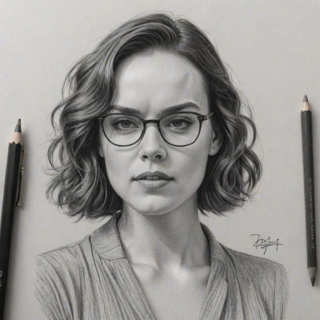 Radiant Daisy Ridley, pencil sketch, portrait of Enticing woman 1975s in glasses, hair style beatnik, outline, clear lines, fine lines, 8k