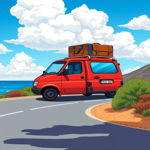 Create a colorful illustration of a red delivery van with a blue suitcase and a brown suitcase on top, driving along a coastal road with shrubs on the side and a clear blue sky filled with fluffy clouds, using a digital art style with a focus on vibrant colors and smooth lines; camera settings: ISO 100, aperture f/8, shutter speed 1/200s; camera view: side perspective; camera style: illustrative; camera type: digital tablet.