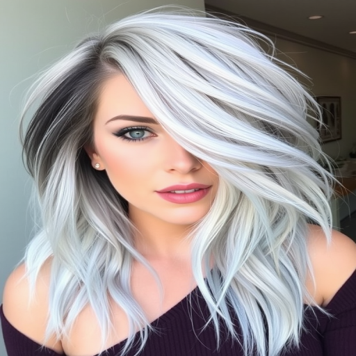 Edgy asymmetrical lob in platinum blonde, featuring dark roots and icy blue tips, styled with tousled waves for a cool, contemporary look