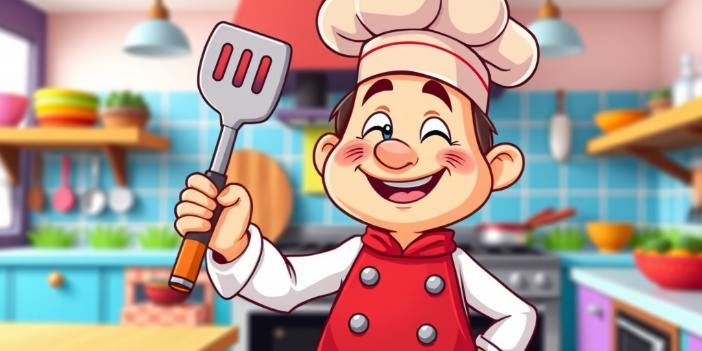 create a colorful cartoon illustration of a cheerful chef holding a spatula, wearing a white chef's coat, red apron, and a classic chef's hat, in a vibrant kitchen setting, focus on bright colors and playful design, camera settings: ISO 100, f/5.6, 1/200s, camera view: eye level, camera style: vector illustration, camera type: digital illustration