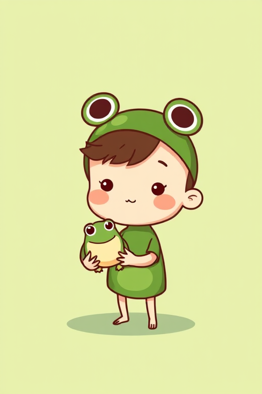 Cute cartoon character holding a small frog with a frog hat on its head against a light green background, simple and playful style.