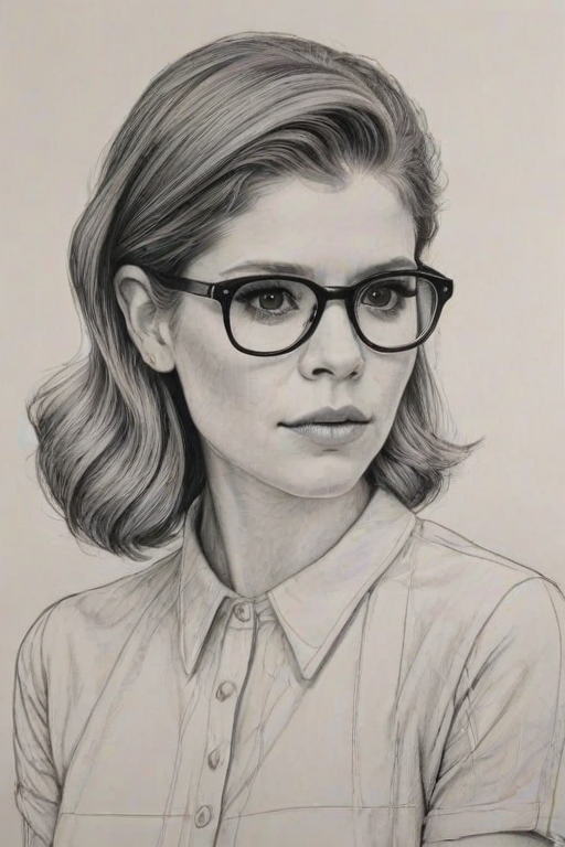 Ravishing Kate Mara, pencil sketch, portrait of Charming woman 1941s in glasses, hair style beatnik, outline, clear lines, fine lines, 8k