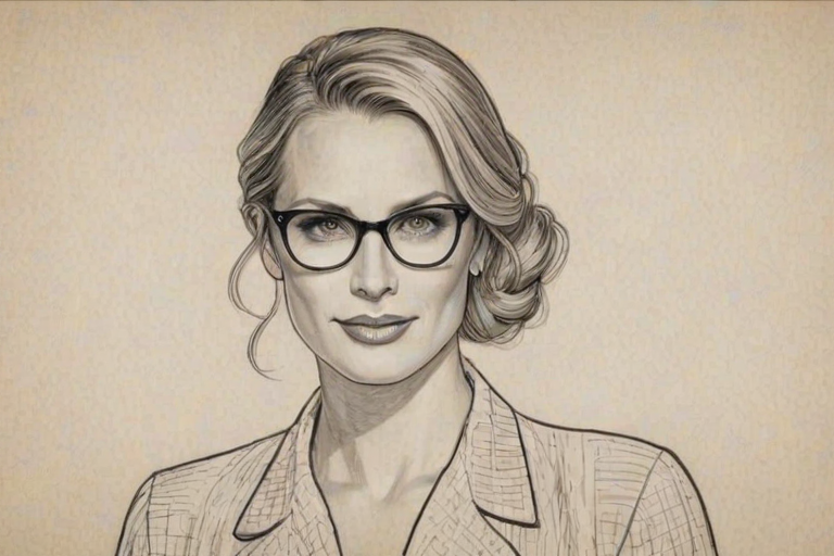 Resplendent Molly Sims, pencil sketch, portrait of Attractive woman 1930s in glasses, hair style beatnik, outline, clear lines, fine lines, 8k
