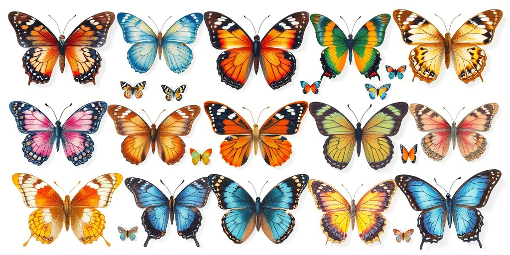 Create an illustration featuring a variety of butterflies in a grid layout. Include different species, showcasing a range of colors and patterns. Use a watercolor style to give the image a soft, artistic feel. Arrange the butterflies in an organized manner, with some larger and some smaller, to create visual interest.