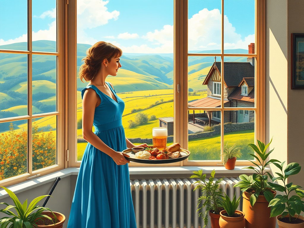 In "A Glass of Beer on the Highland," a serene scene is depicted in a sunlit room where a woman in a vibrant blue dress stands by a large window. She holds a tray with a hearty meal and a frothy glass of beer, embodying a moment of relaxation. Outside, the breathtaking highland landscape features rolling green hills and a charming traditional house, all bathed in warm afternoon light. The interior is adorned with potted plants, creating a harmonious blend of comfort and nature. The painting beautifully captures the tranquility and joy found in simple pleasures amidst stunning scenery