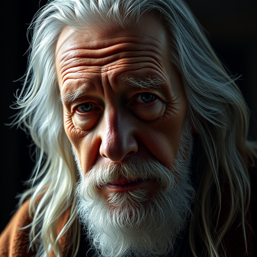 Create a highly detailed portrait of an elderly man with long gray hair and a wise expression, captured in dramatic lighting, using a Canon EOS R5 camera with a 50mm lens at f/1.8, shot from a low angle to enhance depth, in a hyper-realistic digital art style, ensuring a high resolution for clarity and detail.