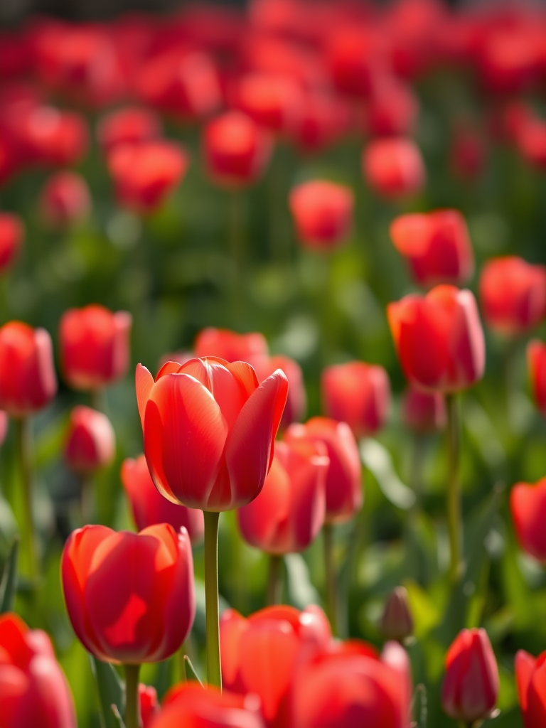photograph a vibrant field of red tulips in full bloom with a shallow depth of field, soft natural lighting, capture from a low angle perspective, use a Canon EOS 5D Mark IV, aperture f/2.8, ISO 100, shutter speed 1/250 sec, focus on the foreground flowers to create bokeh background.