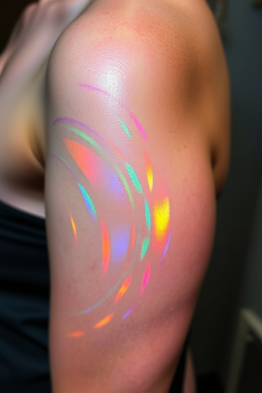 Holographic tattoo named "Prismatic Illusion" showcasing iridescent colors and shimmering effects that appear to change and shift with movement and lighting