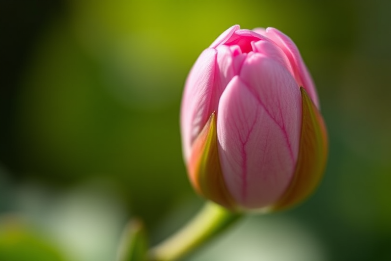 macro photography of a pink flower bud, shallow depth of field, f/2.8 aperture, ISO 100, 50mm lens, soft natural lighting, taken with a DSLR camera, side view focusing on details