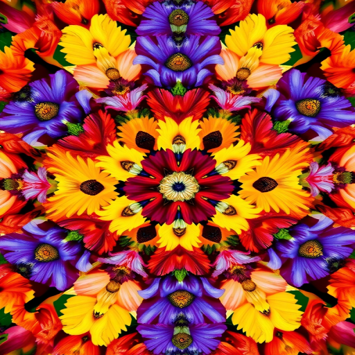 Generate a vibrant, abstract pattern of colorful flowers in a kaleidoscopic arrangement, with a high-resolution setting at 300 DPI, using a Canon EOS R5, 50mm lens, f/1.8 aperture, 1/100 sec shutter speed, and an ISO of 100, capturing a top-down view with enhanced saturation and contrast to improve image quality.