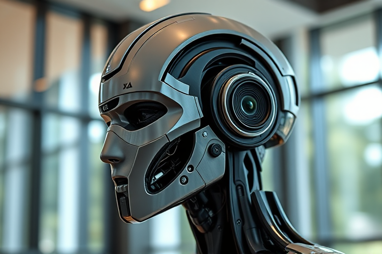 Create a highly detailed image of a futuristic robotic head with a sleek, glossy finish, focusing on intricate design elements, using a Canon EOS R5 with a 50mm f/1.2 lens, aperture set to f/2.8, ISO 100, and a shallow depth of field to emphasize the subject against a softly blurred modern interior background, capturing soft natural light filtering through large windows.