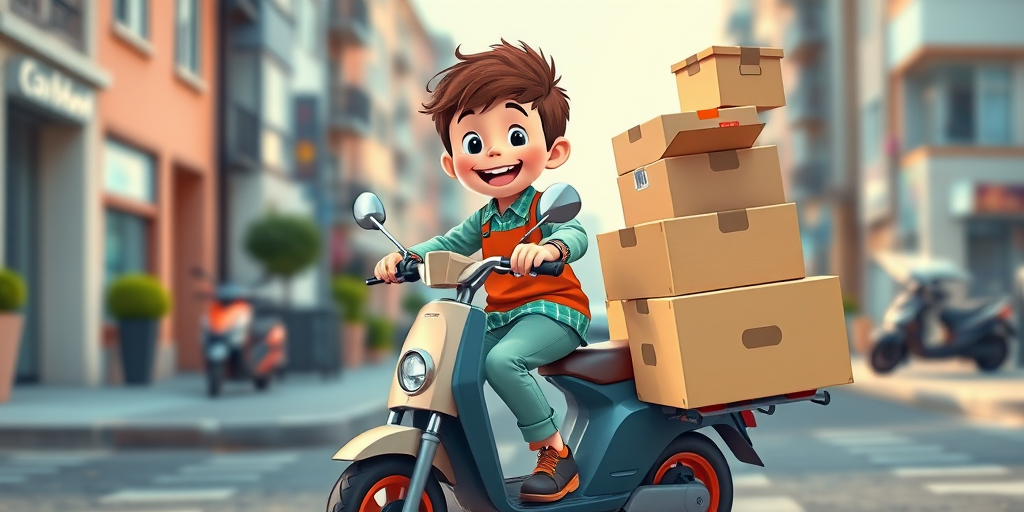 Create a cartoon-style image of a cheerful young boy on a scooter loaded with boxes, using a Canon EOS R5 with a 24-70mm f/2.8 lens, at f/4, ISO 100, 1/250s, in a vibrant color palette, from a slightly elevated angle to capture movement and depth.