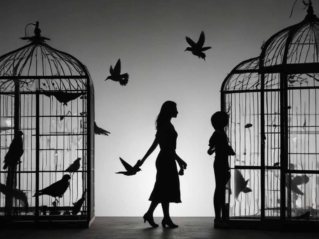Silhouette of woman walking out of a bird cage